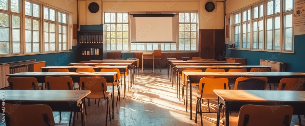 Poster a bright, empty classroom with desks and a projector screen.