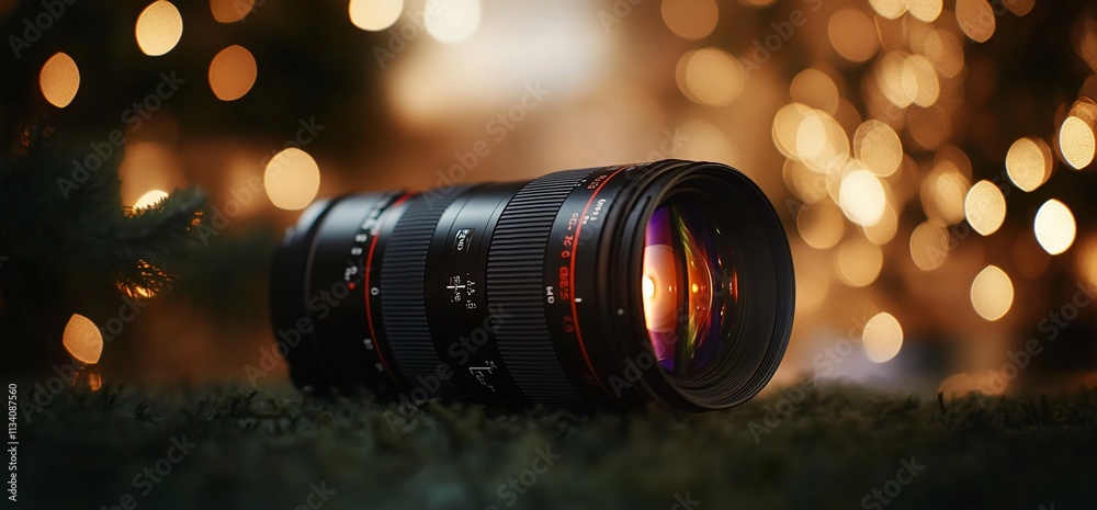 Poster a camera lens resting on a surface with a blurred, festive background.