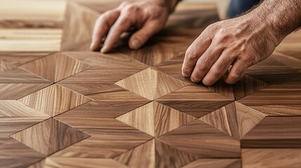 A close-up image of hands arranging intricate wooden tiles on a surface, showcasing craftsmanship and attention to detail in woodwork.