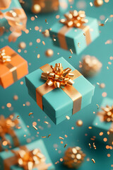 Teal and orange gift boxes with gold bows float against a teal background, surrounded by confetti.