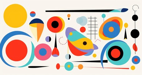 Fototapeta premium beautiful abstract simple shapes, vector illustration, simple lines, black line art, flat colors, colorful, orange green blue yellow purple red white black