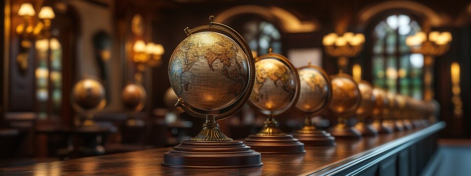 Historic globes display library decorative collection elegant room close-up global exploration concept