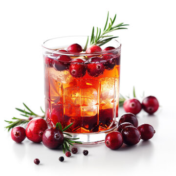 recommend clip art: Fresh cranberry and rosemary with ice cube in clear glass isolated on white background
