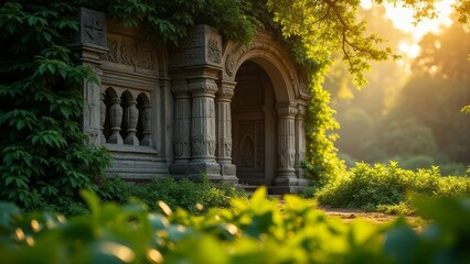 Fototapeta premium Ancient Stone Monument with Vibrant Carvings in Golden Hour Light