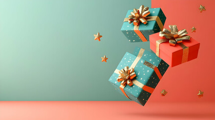 Three floating gifts with gold bows against a teal and coral background.