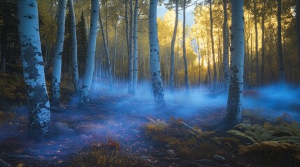 Obraz premium Misty aspen grove bathed in golden sunlight.
