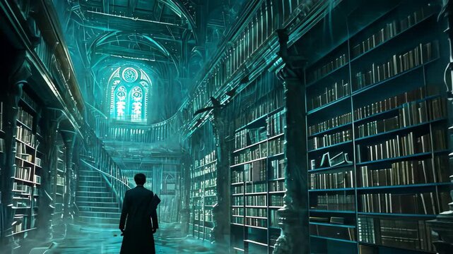 A man stands amidst rows of bookshelves filled with a vast collection of books in a library, A spectral writer trapped forever in an ancient library