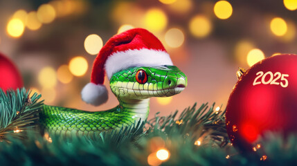 Obraz premium Christmas snake, symbol of the year, wearing santa hat on christmas tree lights background ,symbol of the year, christmas, decoration, holiday