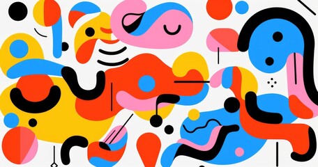 beautiful abstract simple shapes, vector illustration, simple lines, black line art, flat colors, colorful, orange green blue yellow purple red white black