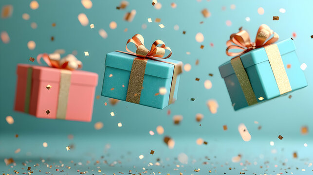 Three pastel gift boxes float amidst confetti.