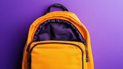 Open orange backpack with purple lining, on vibrant purple background.