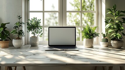 Fototapeta premium Stylish office desk with laptop, indoor plants, and sunlight creating a productive workspace.