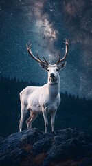 Fototapeta premium A majestic white deer with perfect antlers, on the mountain and the view of the stars in the beautiful sky