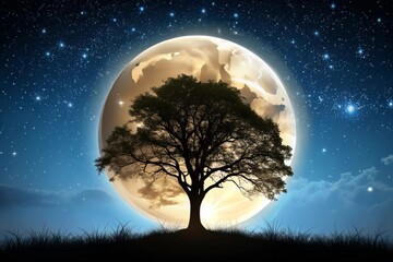 Silhouette of Tree Against Night Sky and Full Moon