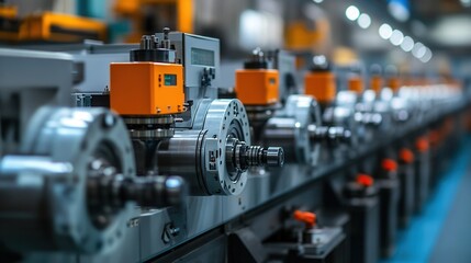 Fototapeta premium Industrial machinery operation manufacturing facility equipment technology controlled environment close-up view precision engineering process