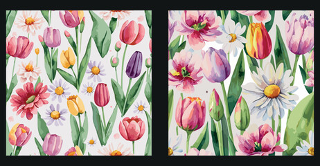 Obraz premium Elegant Watercolor Floral Set Featuring Tulips and Wild Daisies – Seamless Design