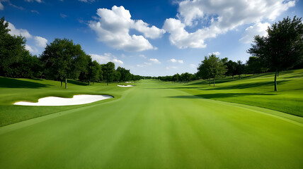 Stunning golf course fairway with vibrant green grass, blue skies, and a scenic backdrop of trees and bunkers on a sunny summer day