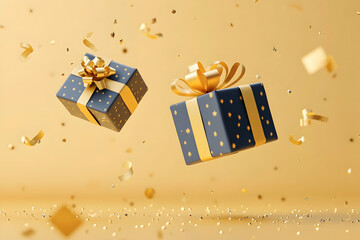 Two navy blue gift boxes with gold ribbons and confetti.