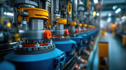 Fototapeta premium Industrial machinery operation manufacturing plant equipment high-tech environment close-up view automation process