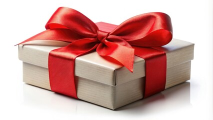 Elegant red ribbon adorns a gift box, pristine white background, showcasing luxurious present packaging.