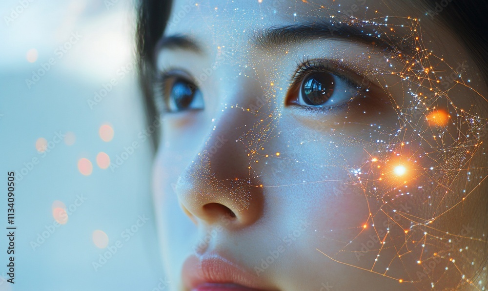 Poster a close-up of a woman's face with digital effects representing connectivity.