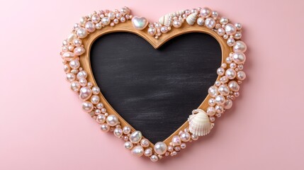 Obraz premium Pearls and mother of pearl seashell heart shape wooden frame wreath on pink background with chalkboard Romantic symbol for valentines greeting card invitation menu