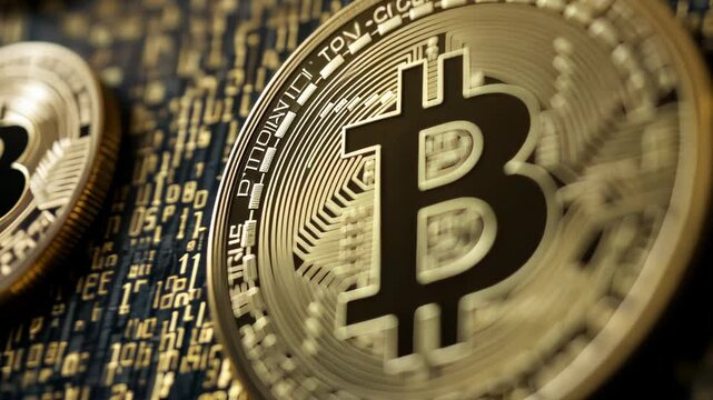 Bitcoin cryptocurrency coins with binary code background design
