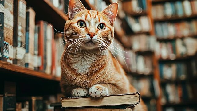 Cute Ginger Cat Sitting on Books in Cozy Library Setting