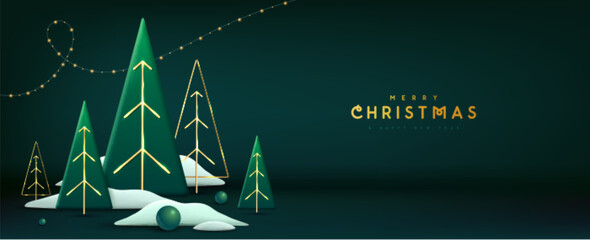Holiday Christmas showcase emerald green background with 3d Christmas trees. Abstract minimal scene. Vector illustration