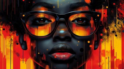 Digital Artwork of a Black Woman's Face, Abstract, Modern, Intricate Patterns, Technology-themed, Vivid Colors, Intri