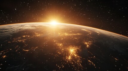 A realistic portrayal of Earth from space, illuminated by city lights and natural phenomena. The dark side of the planet contrasts with the bright patches of light, showcasing human habitation and the