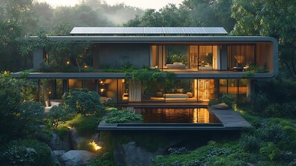 Modern eco-friendly house design in lush forest environment