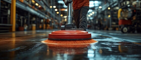 A worker uses a floor scrubber in an industrial setting to clean a shiny surface.