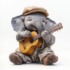 Cute elephant playing a classical guitar and wearing a hat in a whimsical setting, captivating everyone with its music