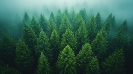 Fototapeta premium Misty Evergreen Forest: An Aerial View of Serene Nature
