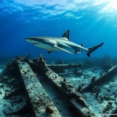 Fototapeta premium Shark swims shipwreck