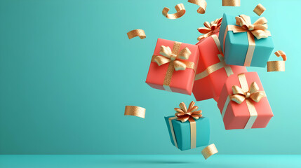 Floating gift boxes with gold ribbons on teal background.