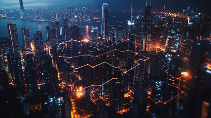 Fototapeta premium Smart digital Innovation city with connection network reciprocity over the cityscape. of future smart wireless digital city and social media networking systems that connects people with in city