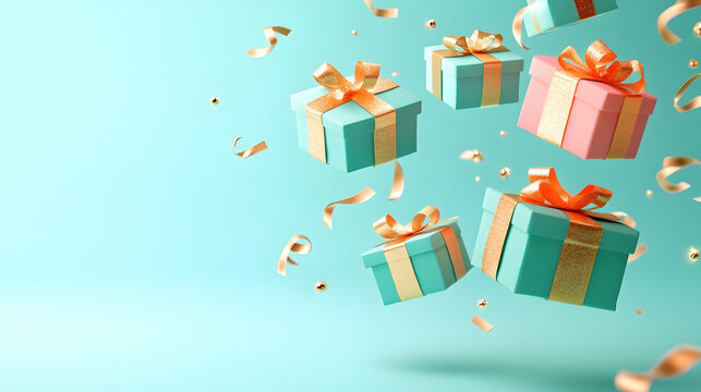 Floating gift boxes with ribbons and confetti on a light blue background.