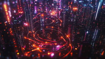 Obraz premium Smart digital Innovation city with connection network reciprocity over the cityscape. of future smart wireless digital city and social media networking systems that connects people with in city