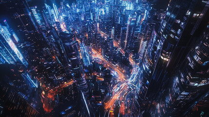 Fototapeta premium Smart digital Innovation city with connection network reciprocity over the cityscape. of future smart wireless digital city and social media networking systems that connects people with in city