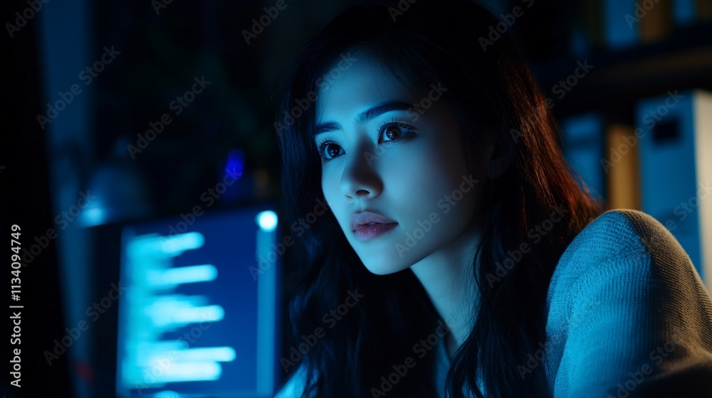 Poster A focused individual working on a computer in a dimly lit room.