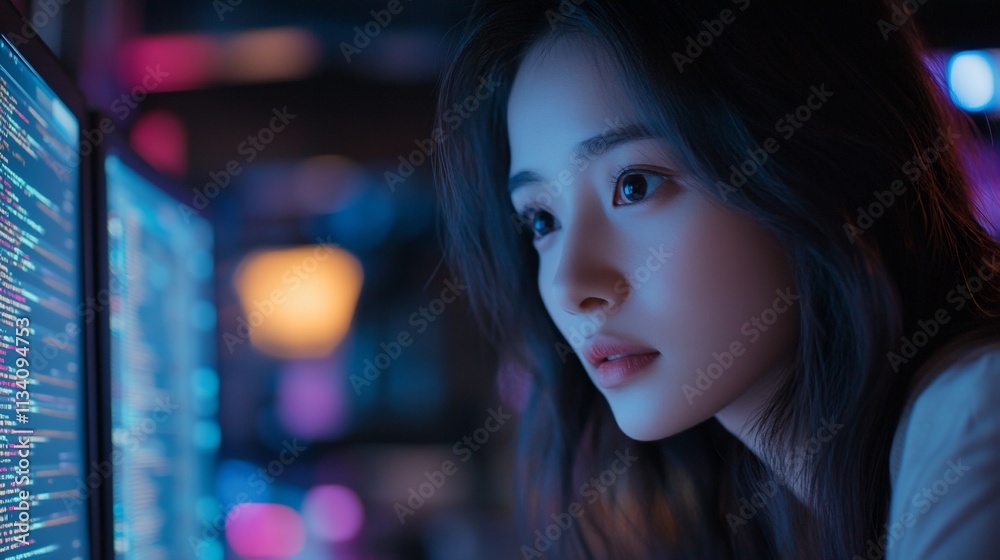 Poster A focused individual working on coding in a dimly lit environment.