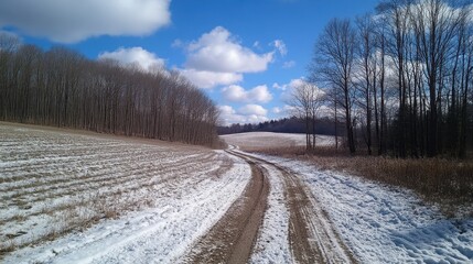 Obraz premium Snowy country road winds through a winter field, lined with bare trees under a blue sky. Perfect for illustrating themes of winter, nature, travel, or rural landscapes.