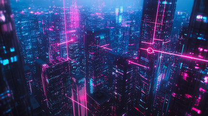 Obraz premium Smart digital Innovation city with connection network reciprocity over the cityscape. of future smart wireless digital city and social media networking systems that connects people with in city