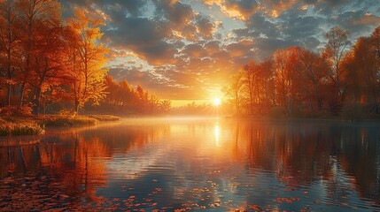Serene lake landscape at sunrise surrounded by vibrant fall trees and clear reflections.