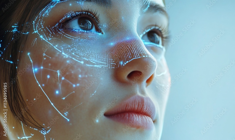 Poster a futuristic portrait of a woman with digital facial patterns and glowing lines.