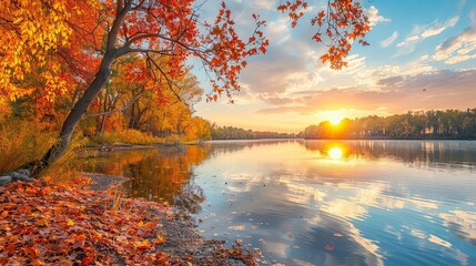 Obraz premium Sunrise over a calm river surrounded by colorful autumn trees and clear reflections on the water.