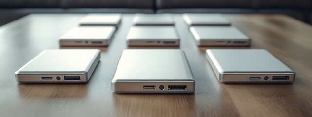 Fototapeta premium Showcasing innovative gadgets on a wooden table in a modern office environment focused perspective for tech enthusiasts