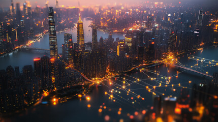Fototapeta premium Smart digital Innovation city with connection network reciprocity over the cityscape. of future smart wireless digital city and social media networking systems that connects people with in city
